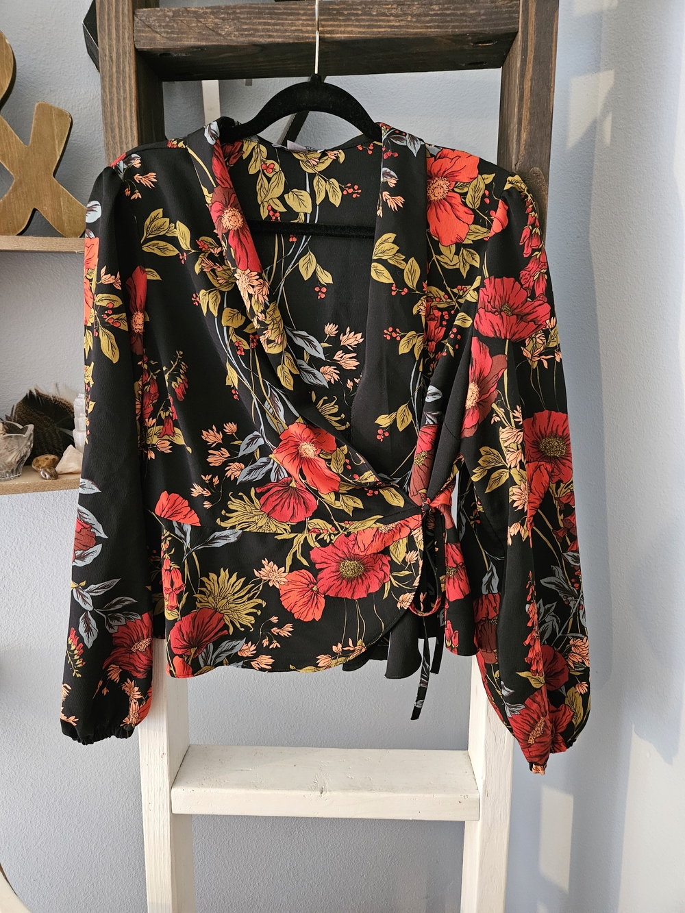 Primark Black Floral Wrap Top with Red and Yellow Blooms Size 12